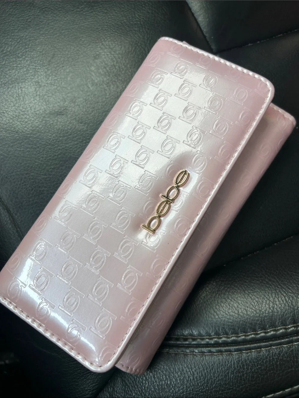 bebe Glossy Light Pink Patent Wallet Clutch
